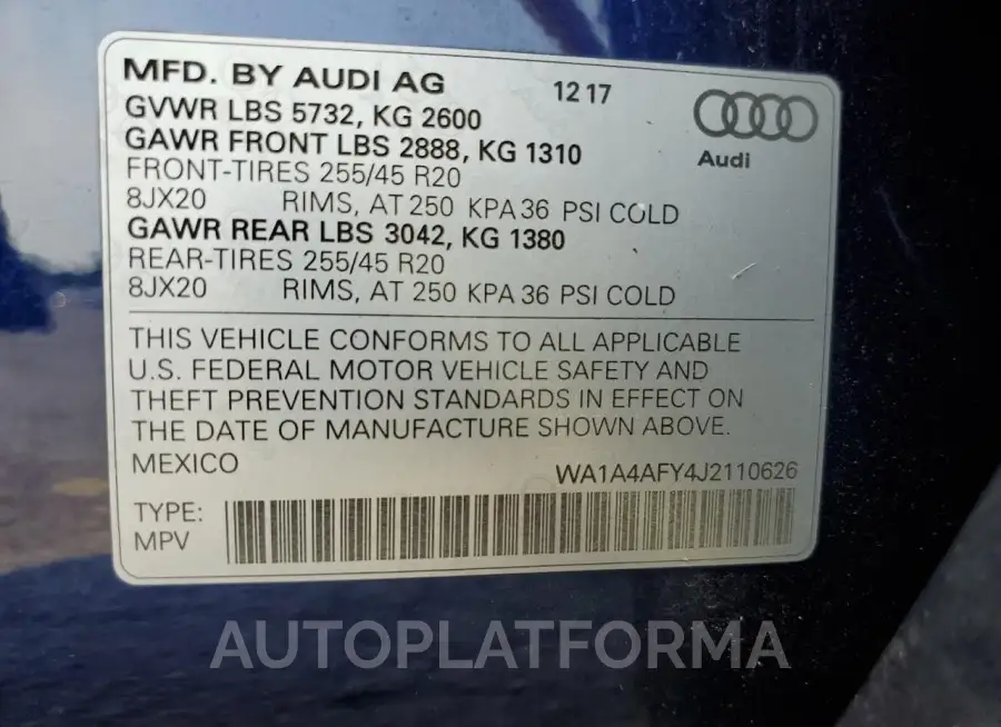 AUDI SQ5 PREMIU 2018 vin WA1A4AFY4J2110626 from auto auction Copart