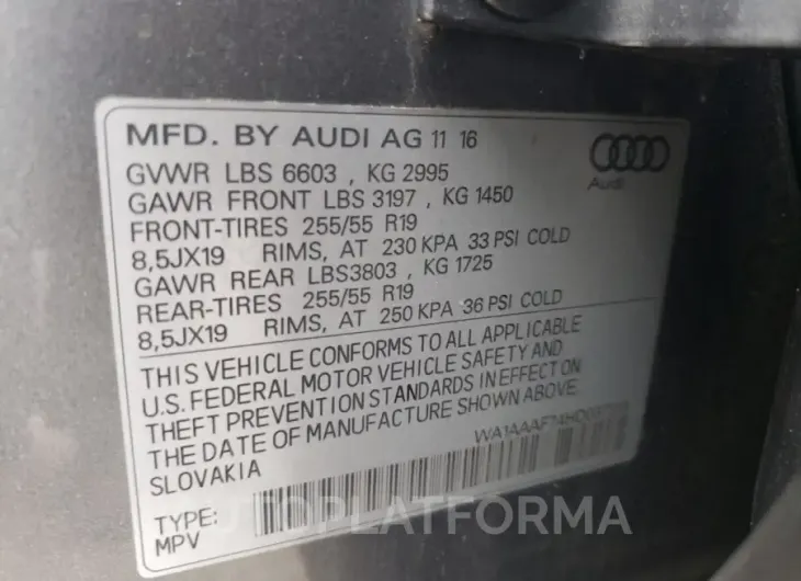 AUDI Q7 PREMIUM 2017 vin WA1AAAF74HD037319 from auto auction Copart