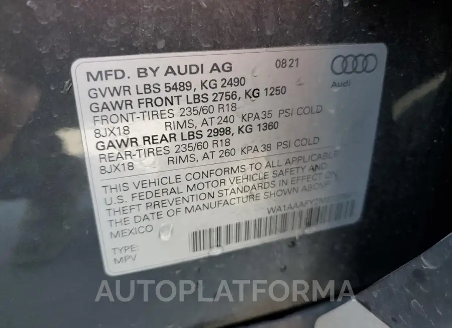 AUDI Q5 PREMIUM 2021 vin WA1AAAFY2M2139801 from auto auction Copart