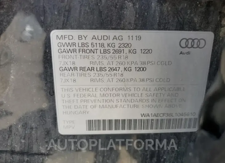 AUDI Q3 PREMIUM 2020 vin WA1AECF36L1045610 from auto auction Copart