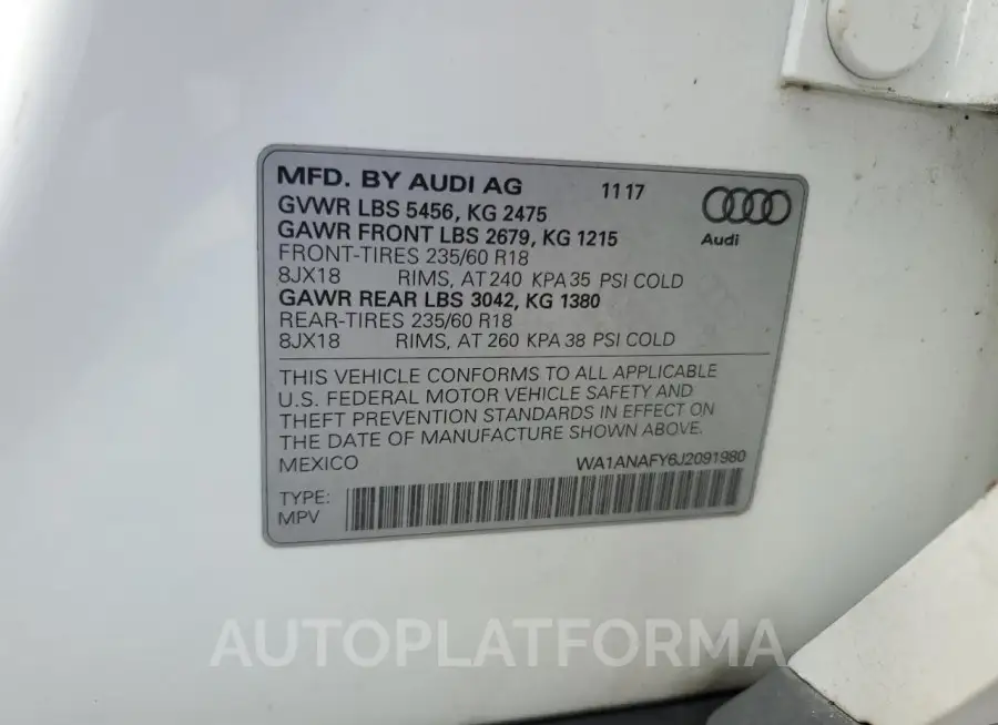 AUDI Q5 PREMIUM 2018 vin WA1ANAFY6J2091980 from auto auction Copart