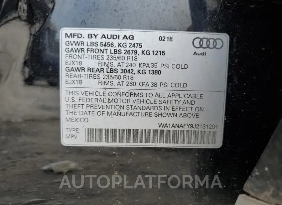 AUDI Q5 PREMIUM 2018 vin WA1ANAFY9J2131291 from auto auction Copart