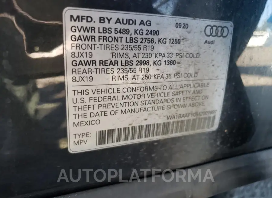 AUDI Q5 PREMIUM 2021 vin WA1BAAFY0M2007897 from auto auction Copart