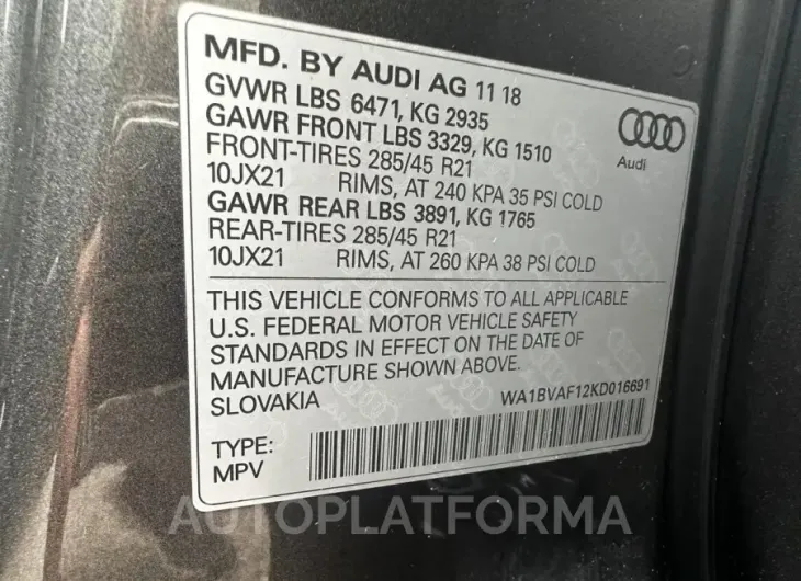 AUDI Q8 PREMIUM 2019 vin WA1BVAF12KD016691 from auto auction Copart