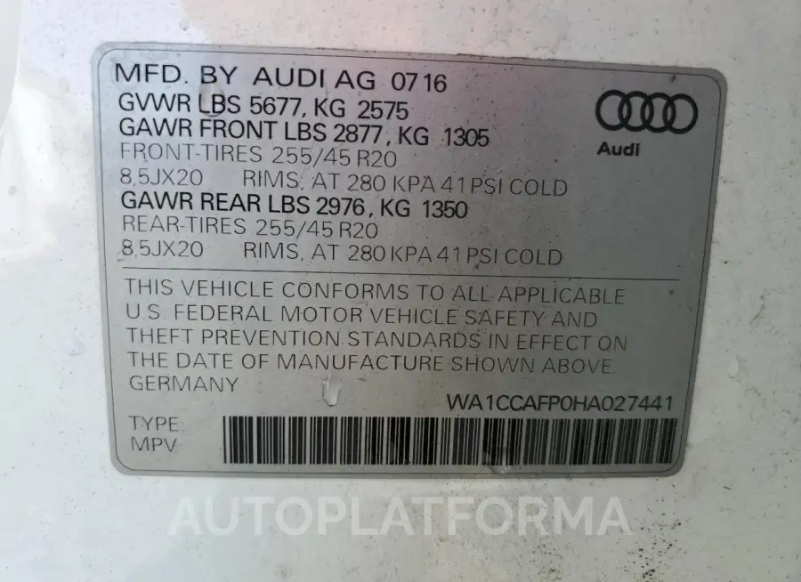 AUDI SQ5 PREMIU 2017 vin WA1CCAFP0HA027441 from auto auction Copart