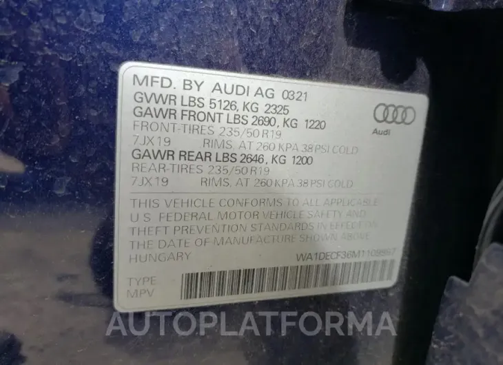 AUDI Q3 PREMIUM 2021 vin WA1DECF36M1109997 from auto auction Copart