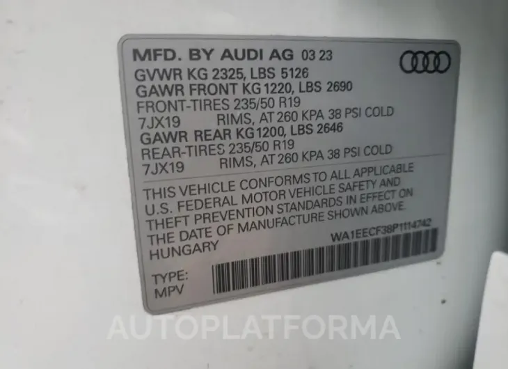 AUDI Q3 PREMIUM 2023 vin WA1EECF38P1114742 from auto auction Copart