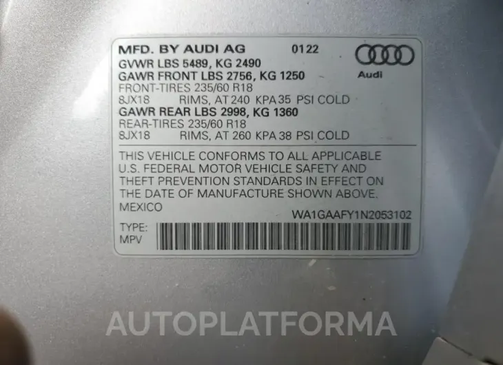 AUDI Q5 PREMIUM 2022 vin WA1GAAFY1N2053102 from auto auction Copart