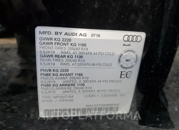 AUDI Q3 PREMIUM 2017 vin WA1JCCFS4HR003443 from auto auction Copart