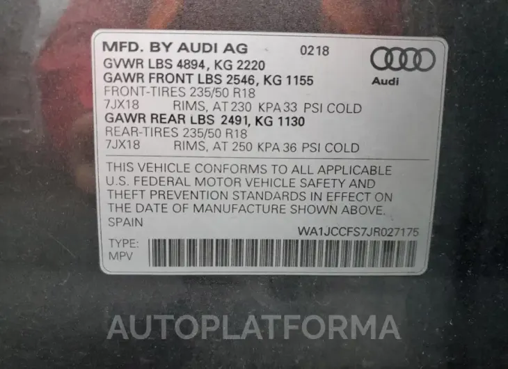 AUDI Q3 PREMIUM 2018 vin WA1JCCFS7JR027175 from auto auction Copart