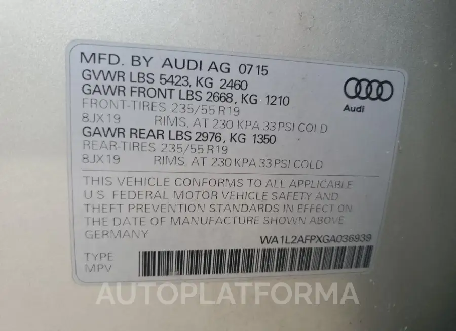 AUDI Q5 PREMIUM 2016 vin WA1L2AFPXGA036939 from auto auction Copart