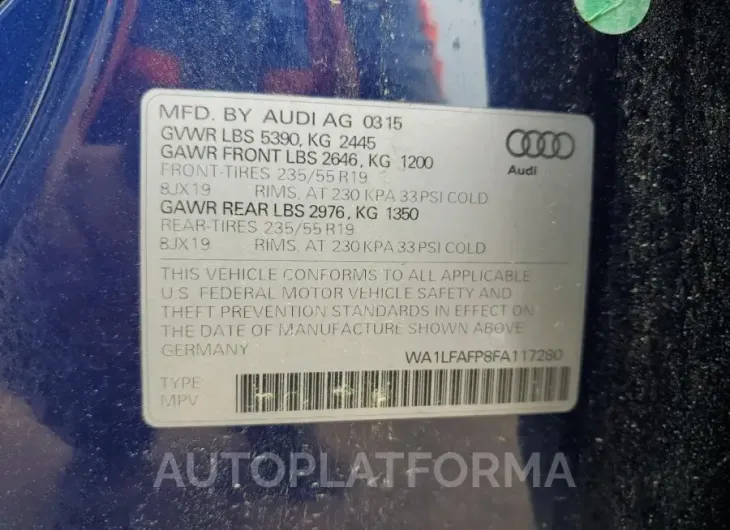 AUDI Q5 PREMIUM 2015 vin WA1LFAFP8FA117280 from auto auction Copart