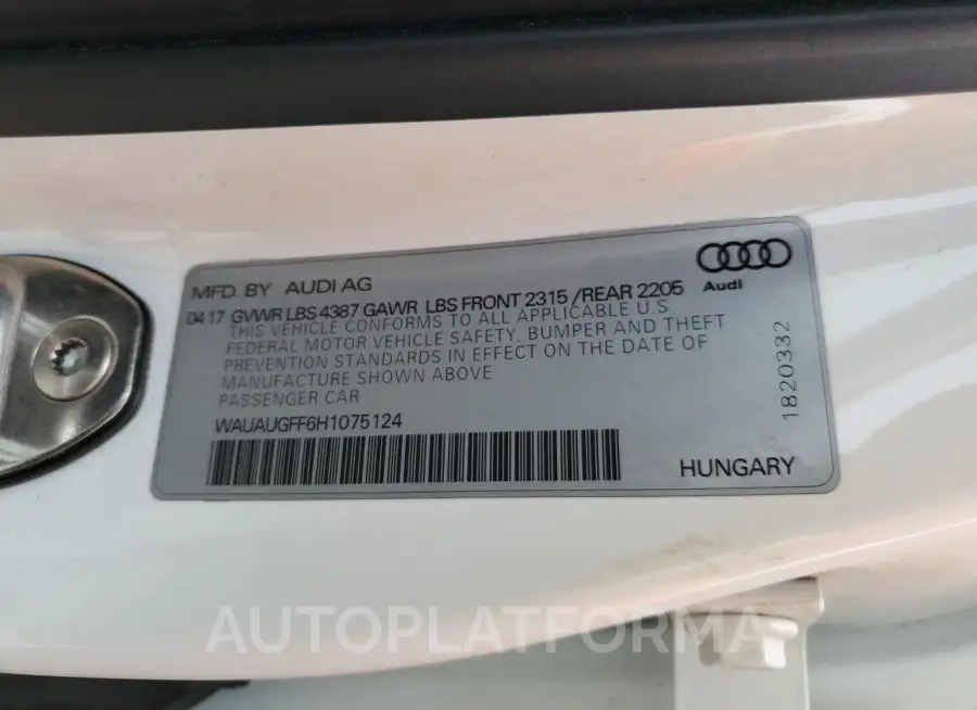 AUDI A3 PREMIUM 2017 vin WAUAUGFF6H1075124 from auto auction Copart