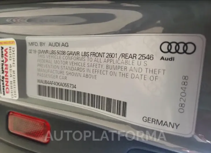 AUDI S4 PREMIUM 2019 vin WAUB4AF40KA055734 from auto auction Copart