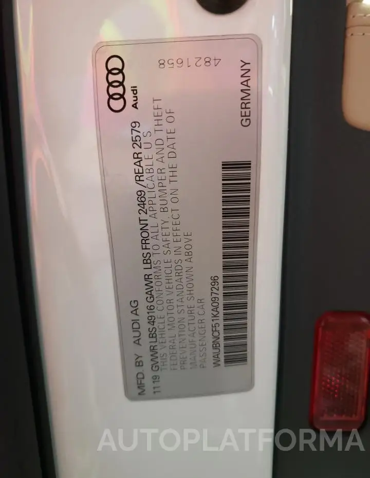 AUDI A5 PREMIUM 2019 vin WAUBNCF51KA097296 from auto auction Copart