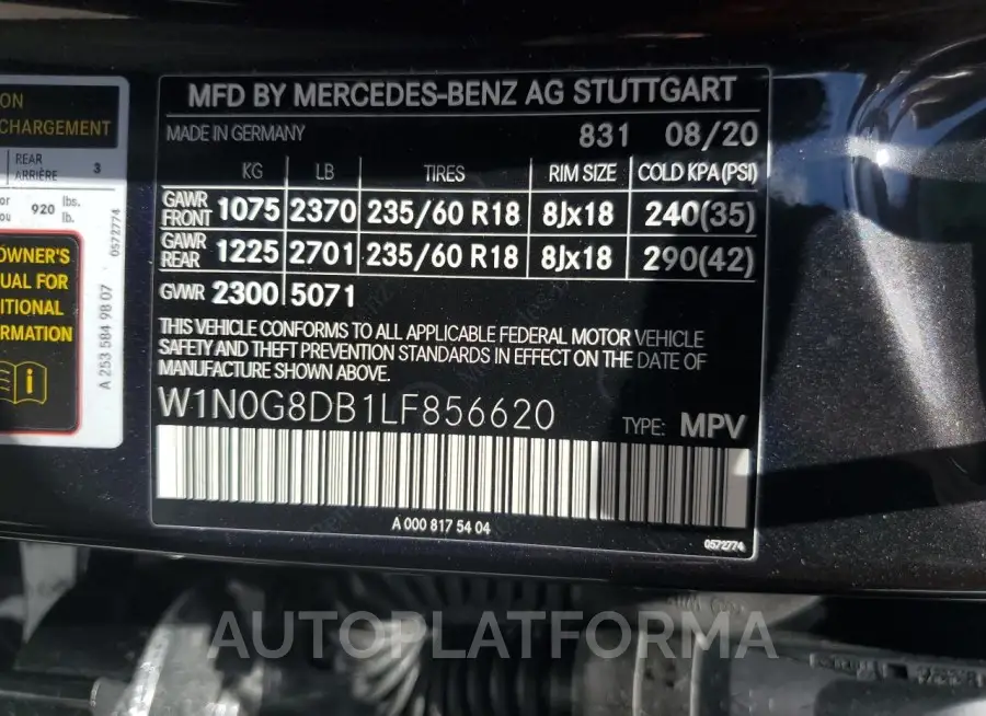 MERCEDES-BENZ GLC 300 2020 vin W1N0G8DB1LF856620 from auto auction Copart