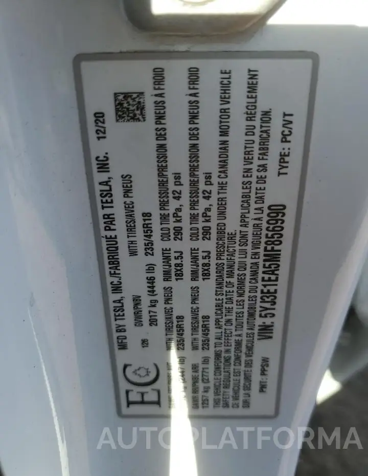 TESLA MODEL 3 2021 vin 5YJ3E1EA5MF856990 from auto auction Copart