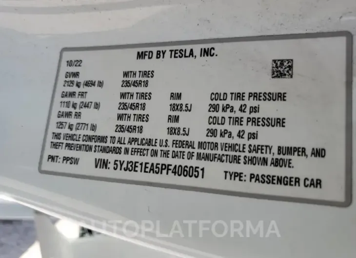 TESLA MODEL 3 2023 vin 5YJ3E1EA5PF406051 from auto auction Copart