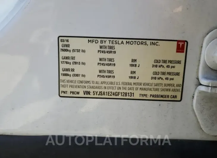 TESLA MODEL S 2016 vin 5YJSA1E24GF128131 from auto auction Copart