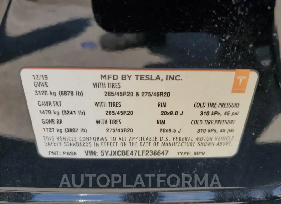 TESLA MODEL X 2020 vin 5YJXCBE47LF236647 from auto auction Copart