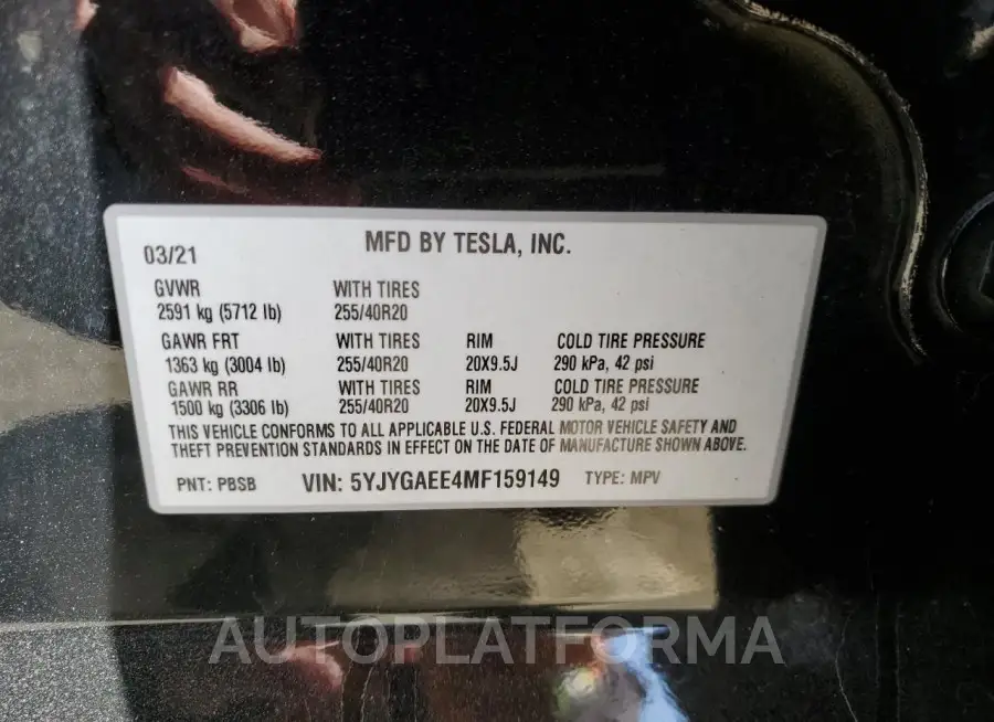 TESLA MODEL Y 2021 vin 5YJYGAEE4MF159149 from auto auction Copart