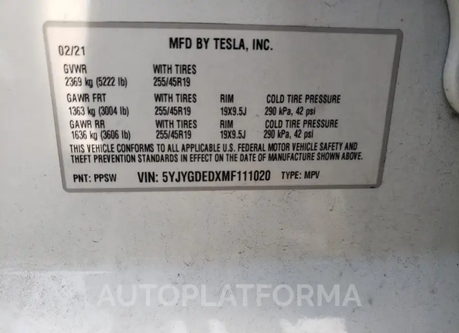 TESLA MODEL Y 2021 vin 5YJYGDEDXMF111020 from auto auction Copart