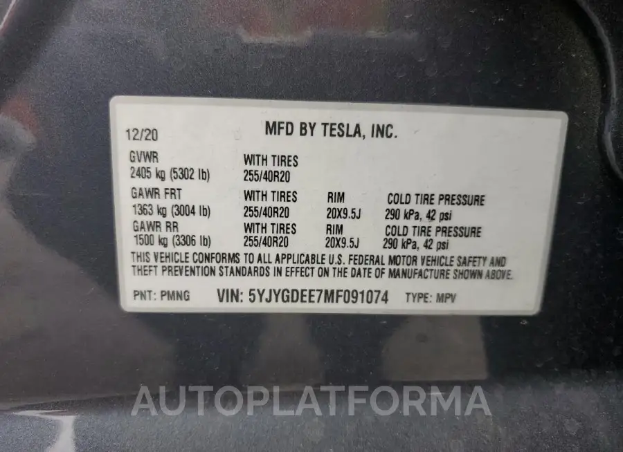 TESLA MODEL Y 2021 vin 5YJYGDEE7MF091074 from auto auction Copart