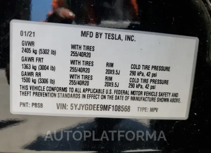 TESLA MODEL Y 2021 vin 5YJYGDEE9MF108568 from auto auction Copart