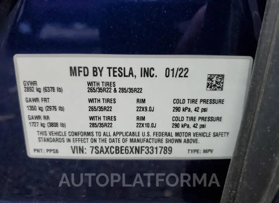 TESLA MODEL X 2022 vin 7SAXCBE6XNF331789 from auto auction Copart