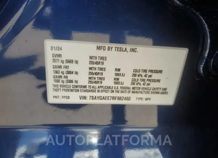 TESLA MODEL Y 2024 vin 7SAYGAEE7RF982460 from auto auction Copart