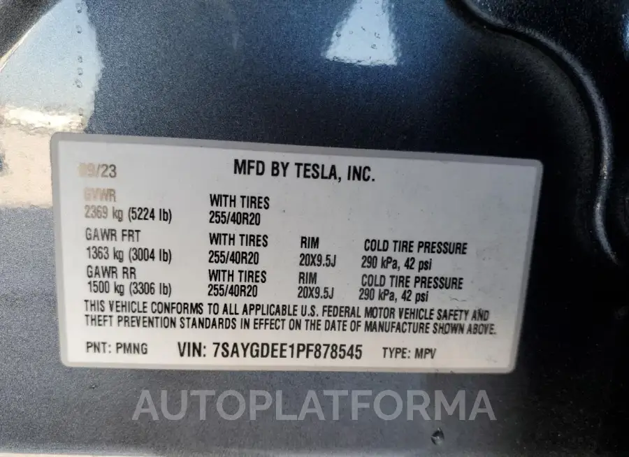 TESLA MODEL Y 2023 vin 7SAYGDEE1PF878545 from auto auction Copart