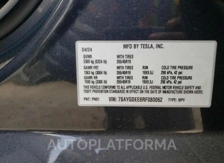 TESLA MODEL Y 2024 vin 7SAYGDEE8RF080062 from auto auction Copart