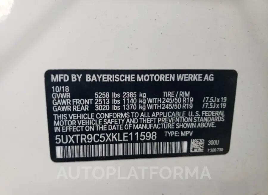 BMW X3 XDRIVE3 2019 vin 5UXTR9C5XKLE11598 from auto auction Copart