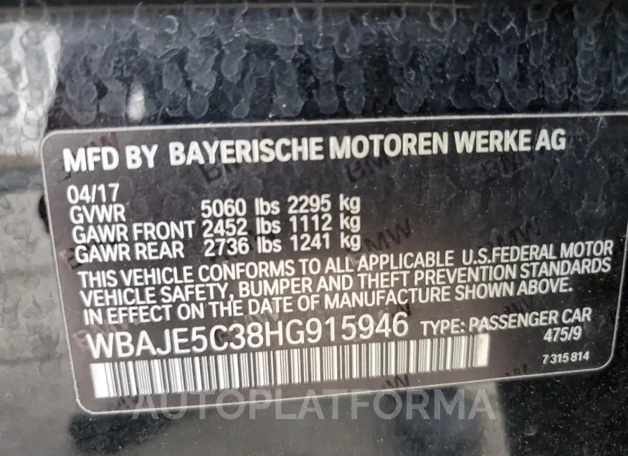 BMW 540 I 2017 vin WBAJE5C38HG915946 from auto auction Copart