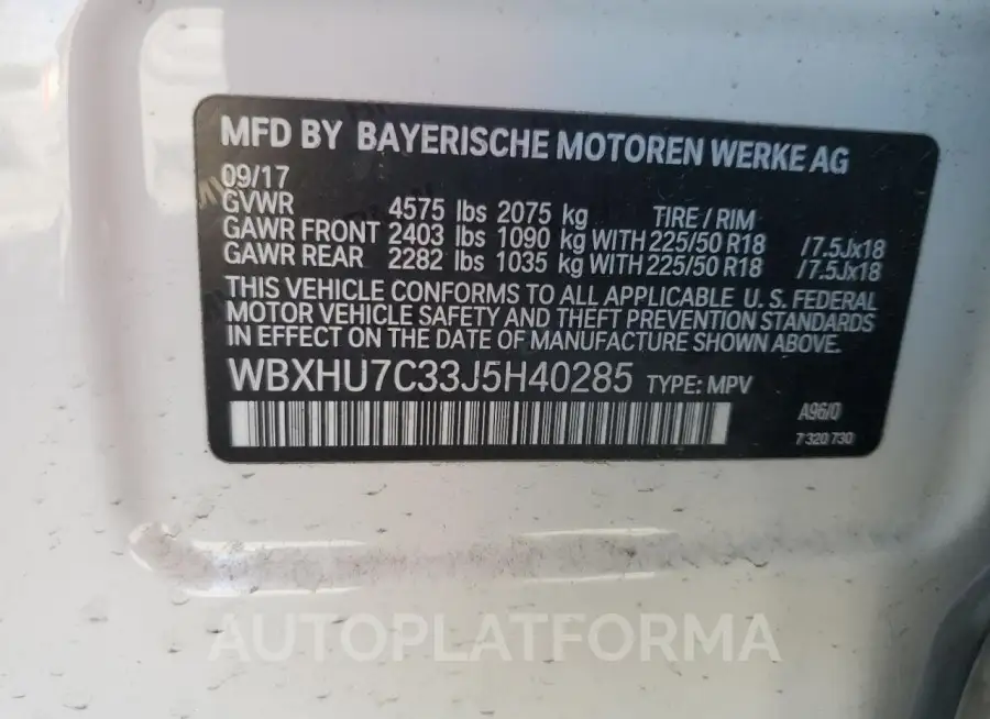 BMW X1 SDRIVE2 2018 vin WBXHU7C33J5H40285 from auto auction Copart