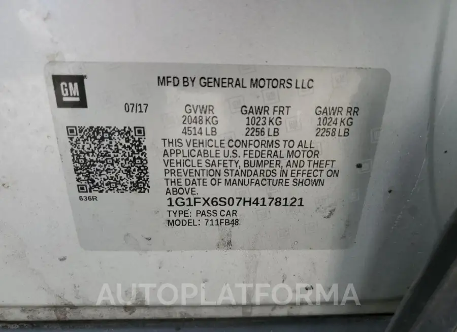 CHEVROLET BOLT EV PR 2017 vin 1G1FX6S07H4178121 from auto auction Copart