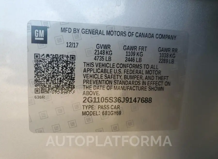 CHEVROLET IMPALA LT 2018 vin 2G1105S36J9147688 from auto auction Copart