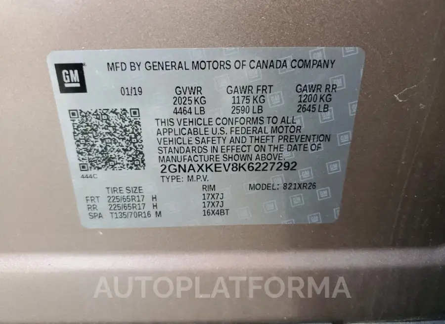 CHEVROLET EQUINOX LT 2019 vin 2GNAXKEV8K6227292 from auto auction Copart