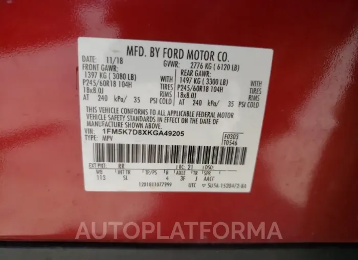 FORD EXPLORER X 2019 vin 1FM5K7D8XKGA49205 from auto auction Copart