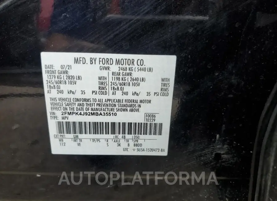 FORD EDGE SEL 2021 vin 2FMPK4J92MBA35510 from auto auction Copart