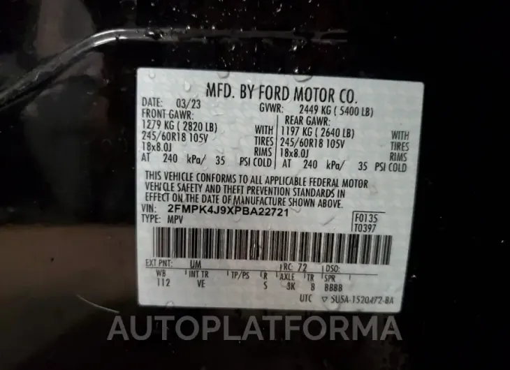 FORD EDGE SEL 2023 vin 2FMPK4J9XPBA22721 from auto auction Copart