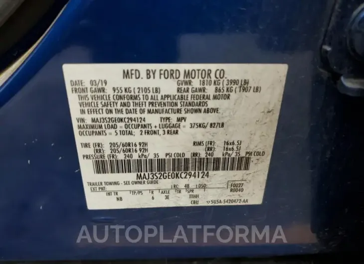 FORD ECOSPORT S 2019 vin MAJ3S2GE0KC294124 from auto auction Copart