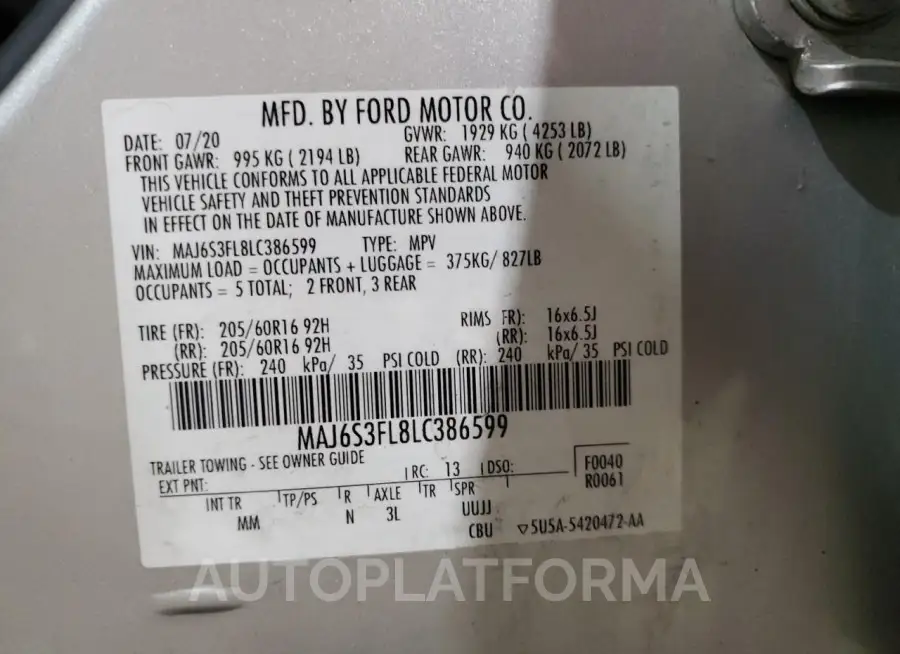 FORD ECOSPORT S 2020 vin MAJ6S3FL8LC386599 from auto auction Copart