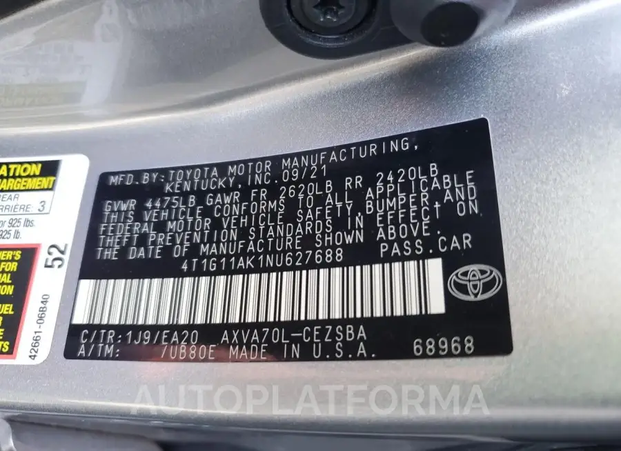 TOYOTA CAMRY SE 2022 vin 4T1G11AK1NU627688 from auto auction Copart