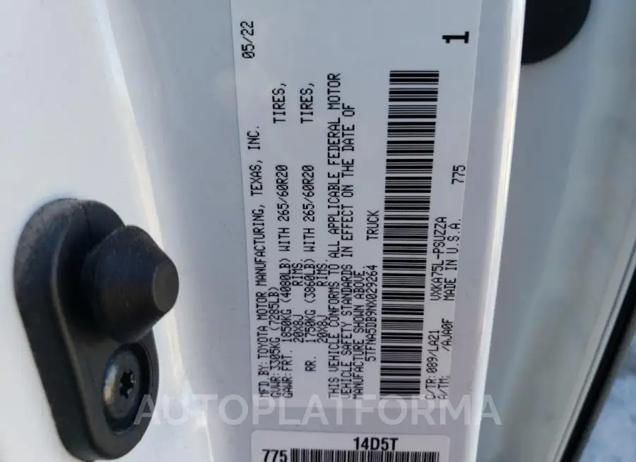 TOYOTA TUNDRA CRE 2022 vin 5TFNA5DB9NX029264 from auto auction Copart