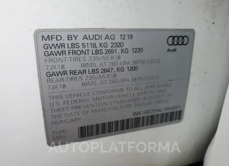 AUDI Q3 PREMIUM 2020 vin WA1AECF34L1054001 from auto auction Copart