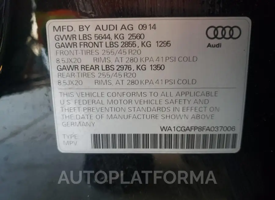 AUDI SQ5 PREMIU 2015 vin WA1CGAFP8FA037006 from auto auction Copart