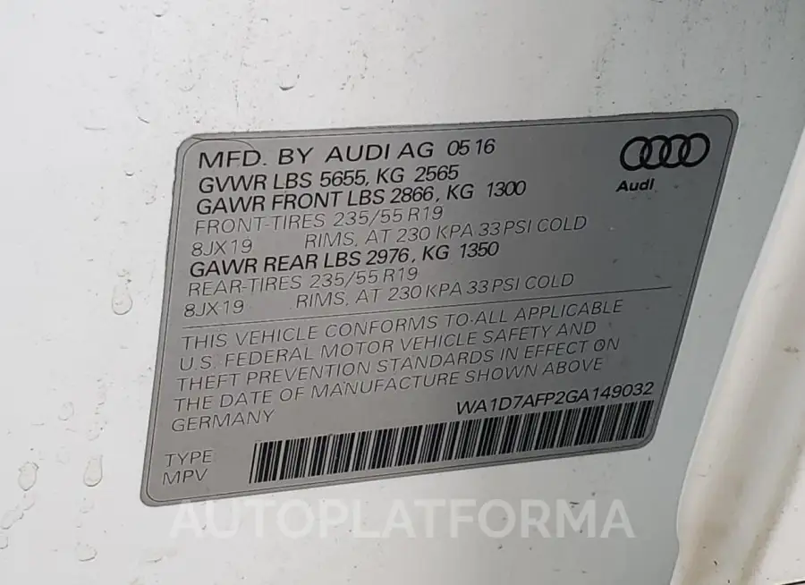 AUDI Q5 PREMIUM 2016 vin WA1D7AFP2GA149032 from auto auction Copart