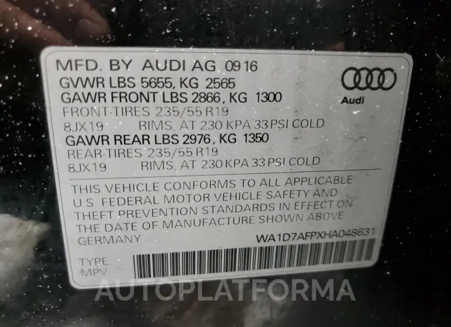 AUDI Q5 PREMIUM 2017 vin WA1D7AFPXHA048631 from auto auction Copart