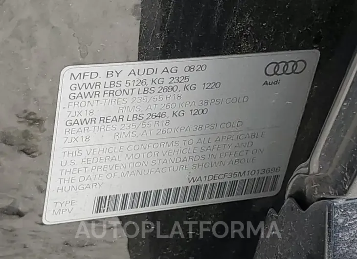 AUDI Q3 PREMIUM 2021 vin WA1DECF35M1013696 from auto auction Copart